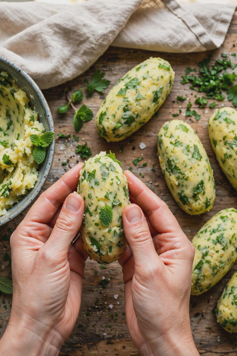 Shaping seasoned mashed potato mixture into traditional Sicilian croquettes before breading.