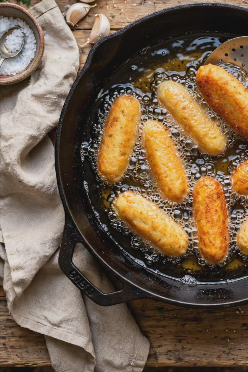 Freshly fried Sicilian potato croquettes with a crisp golden breadcrumb coating ready to serve.