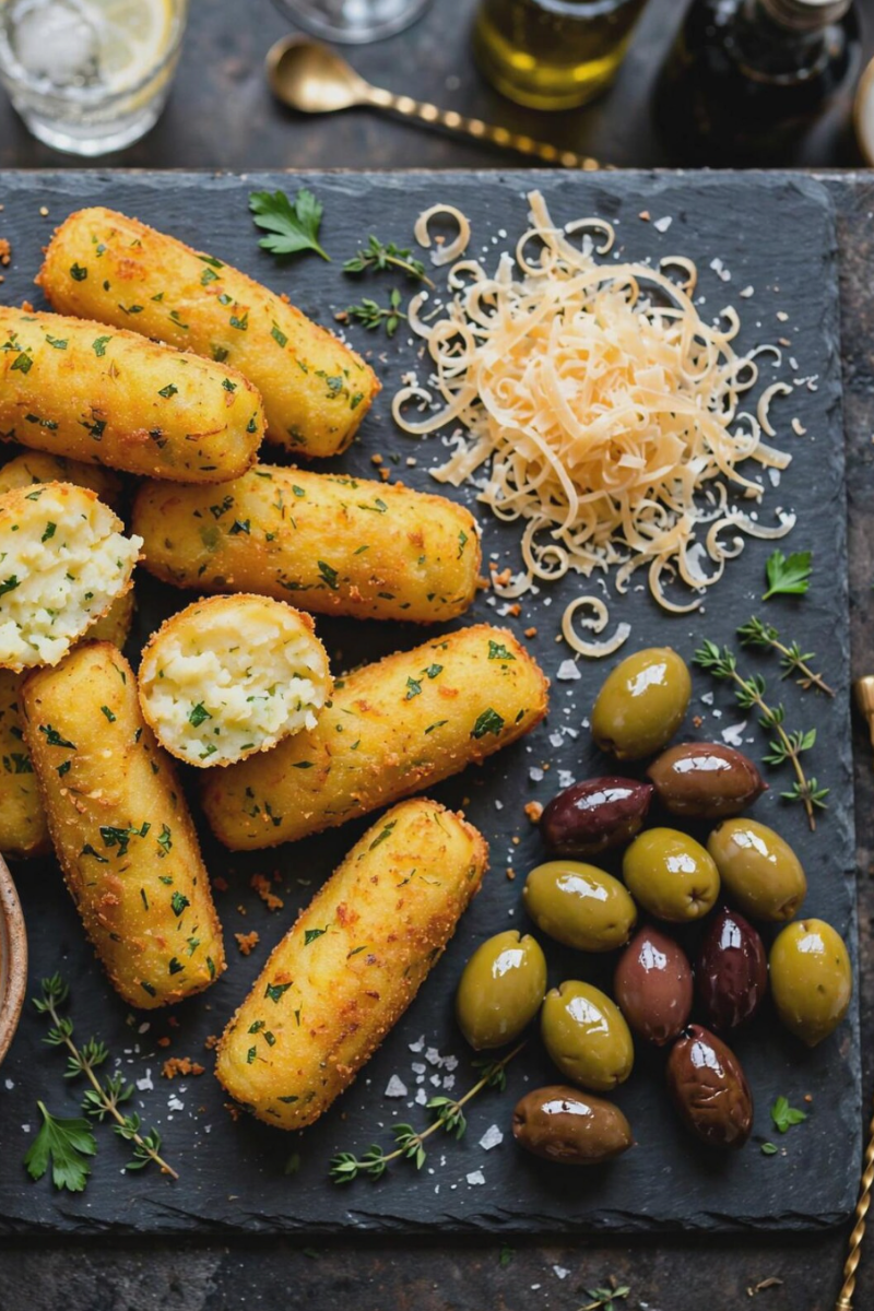 Golden Sicilian potato croquettes served warm with dipping sauce and fresh herbs.