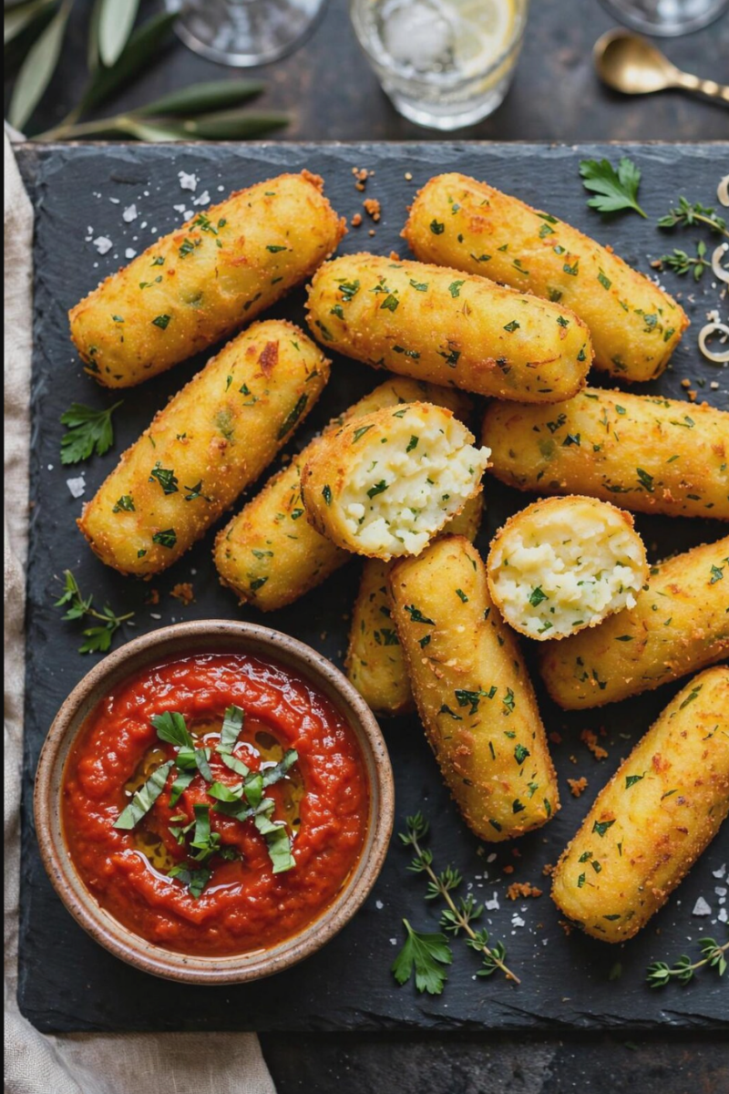 Authentic Sicilian potato croquettes served golden and crispy on a rustic platter with fresh parsley and lemon wedges.