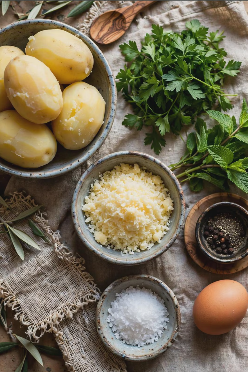 Russet potatoes, Pecorino Romano cheese, parsley, mint, eggs, breadcrumbs, and flour arranged for making Sicilian potato croquettes.