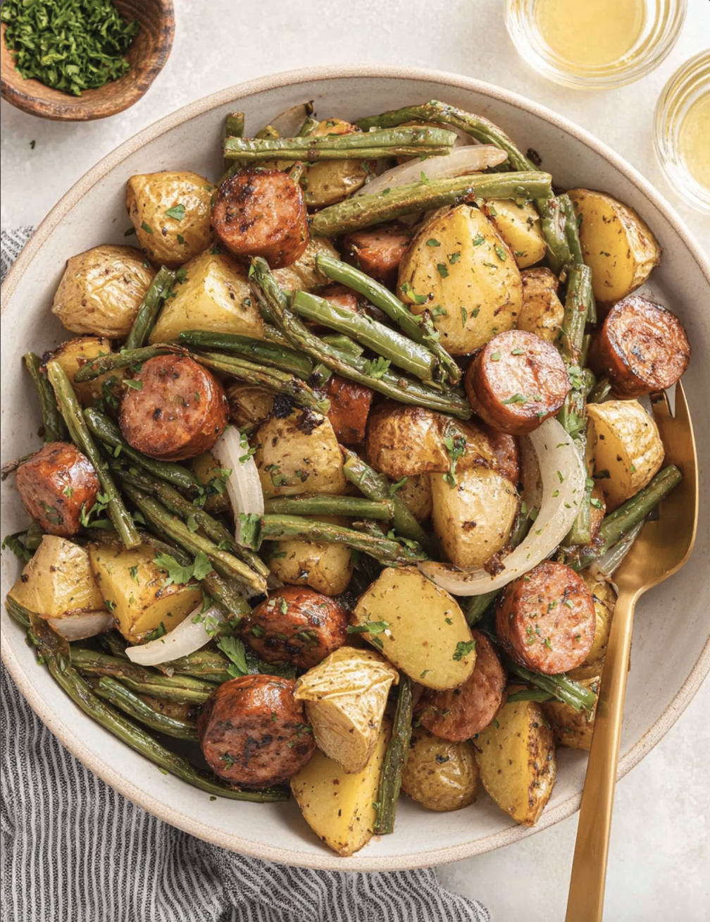 Roasted sausage, golden potatoes, green beans and onion served in a shallow bowl.