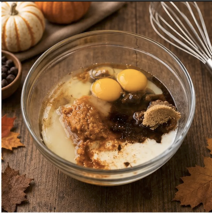 Pumpkin puree, eggs, maple syrup, brown sugar, oil and vanilla in a glass mixing bowl.