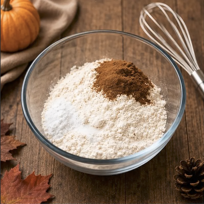 White whole wheat flour, ground oats, leaveners and pumpkin spices in a glass mixing bowl.