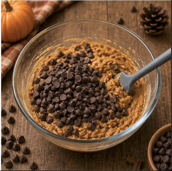 Mini chocolate chips added to thick pumpkin bread batter in a glass mixing bowl.