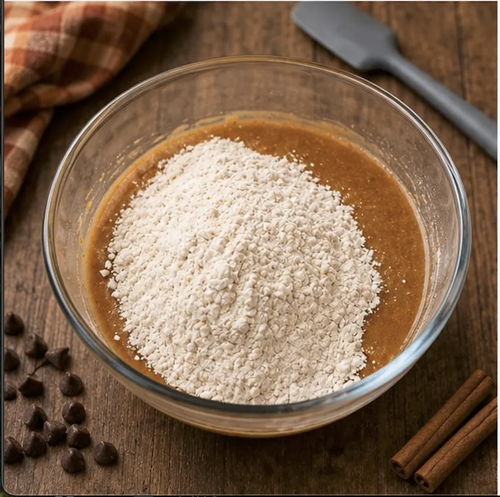Dry flour mixture added to the wet pumpkin bread ingredients before folding the batter together.