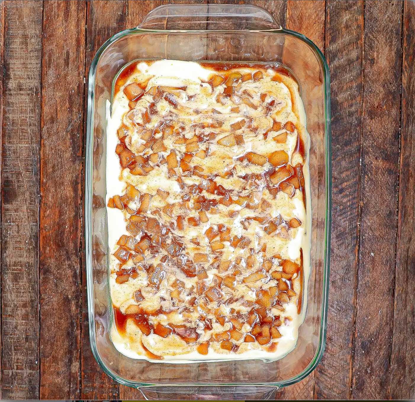 Creamy Caramel Apple Tiramisu topped with caramel sauce and crunchy pecans for an easy fall dessert.