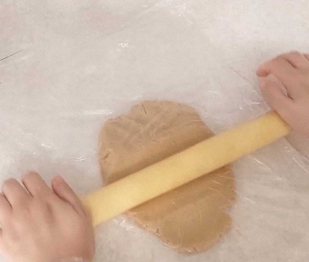  Chilled baklava cookie dough rolled to about 5 mm thick before cutting.
