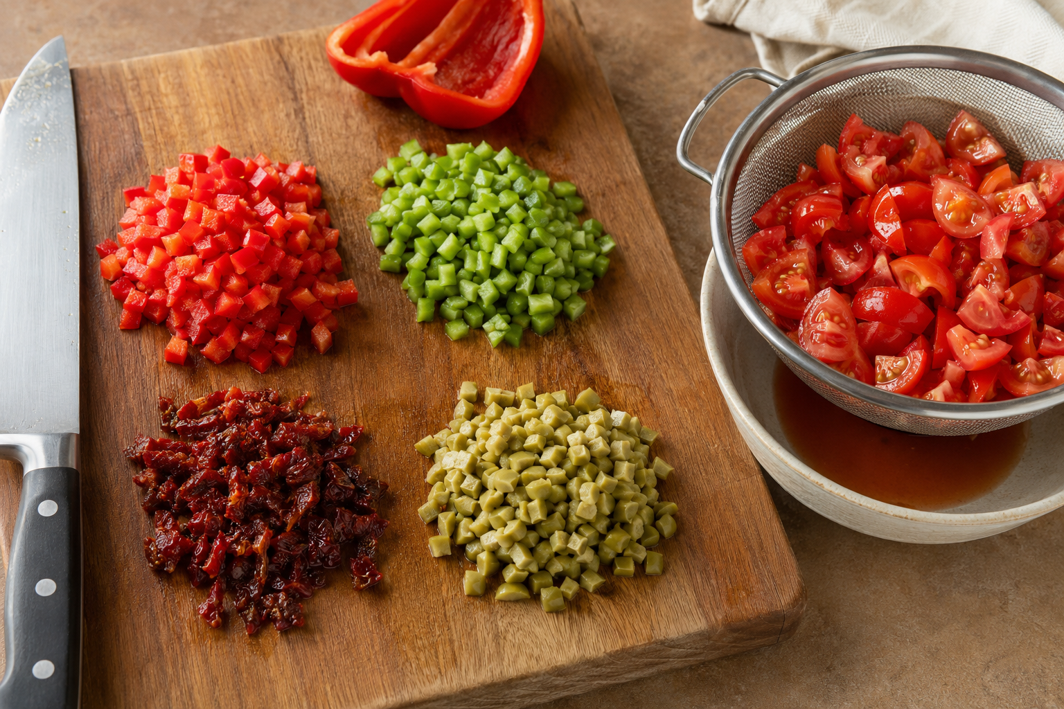 Preparing bell peppers, cherry tomatoes, sun-dried tomatoes, and olives for Mediterranean bread dip.