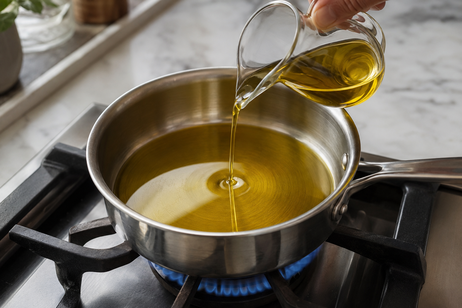 Olive oil gently warming in a small saucepan for Mediterranean bread dip.

