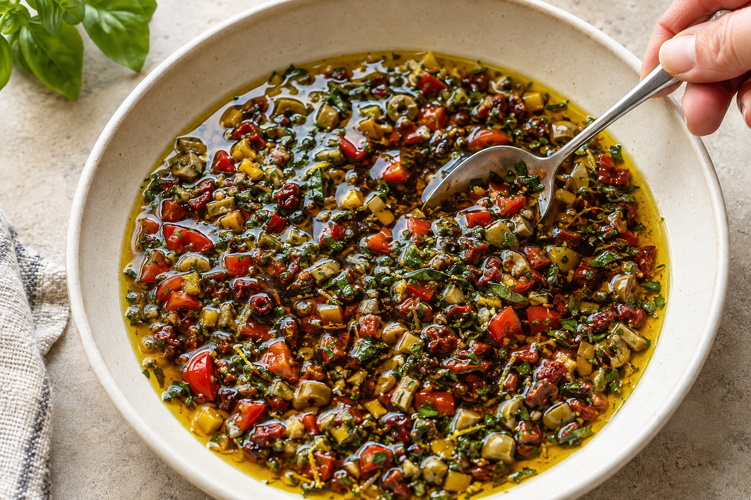Combining olive oil and balsamic vinegar with chopped vegetables, olives, garlic, and fresh herbs.