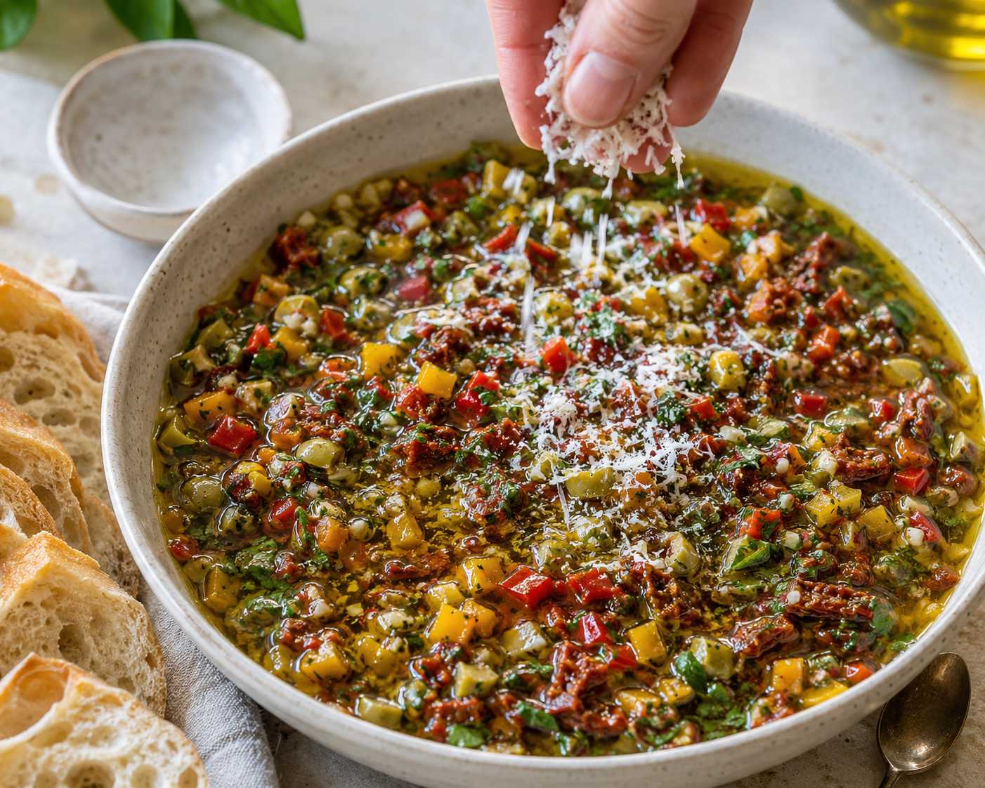 Freshly grated Parmesan being scattered over Mediterranean olive oil bread dip.