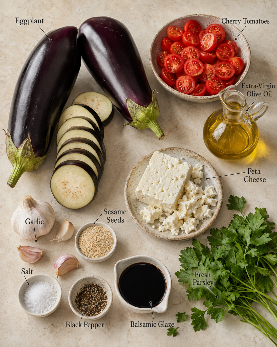 Essential ingredients for Mediterranean roasted eggplant with feta and cherry tomatoes