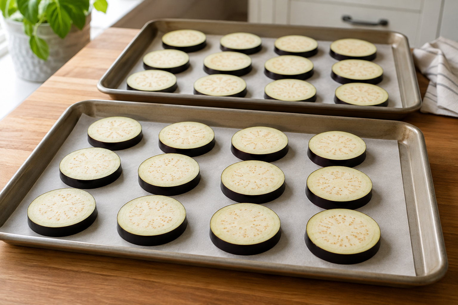 Eggplant cut into half-inch rounds and arranged in a single layer on lined baking sheets