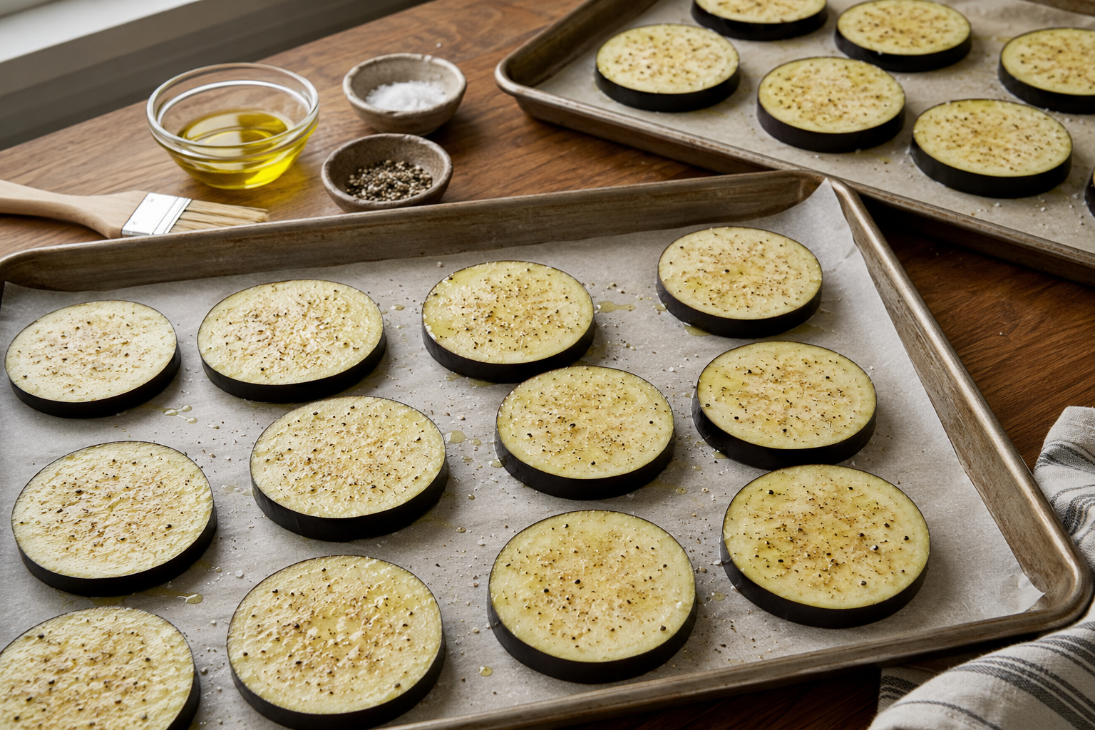 Eggplant rounds brushed with olive oil and seasoned with salt and black pepper
