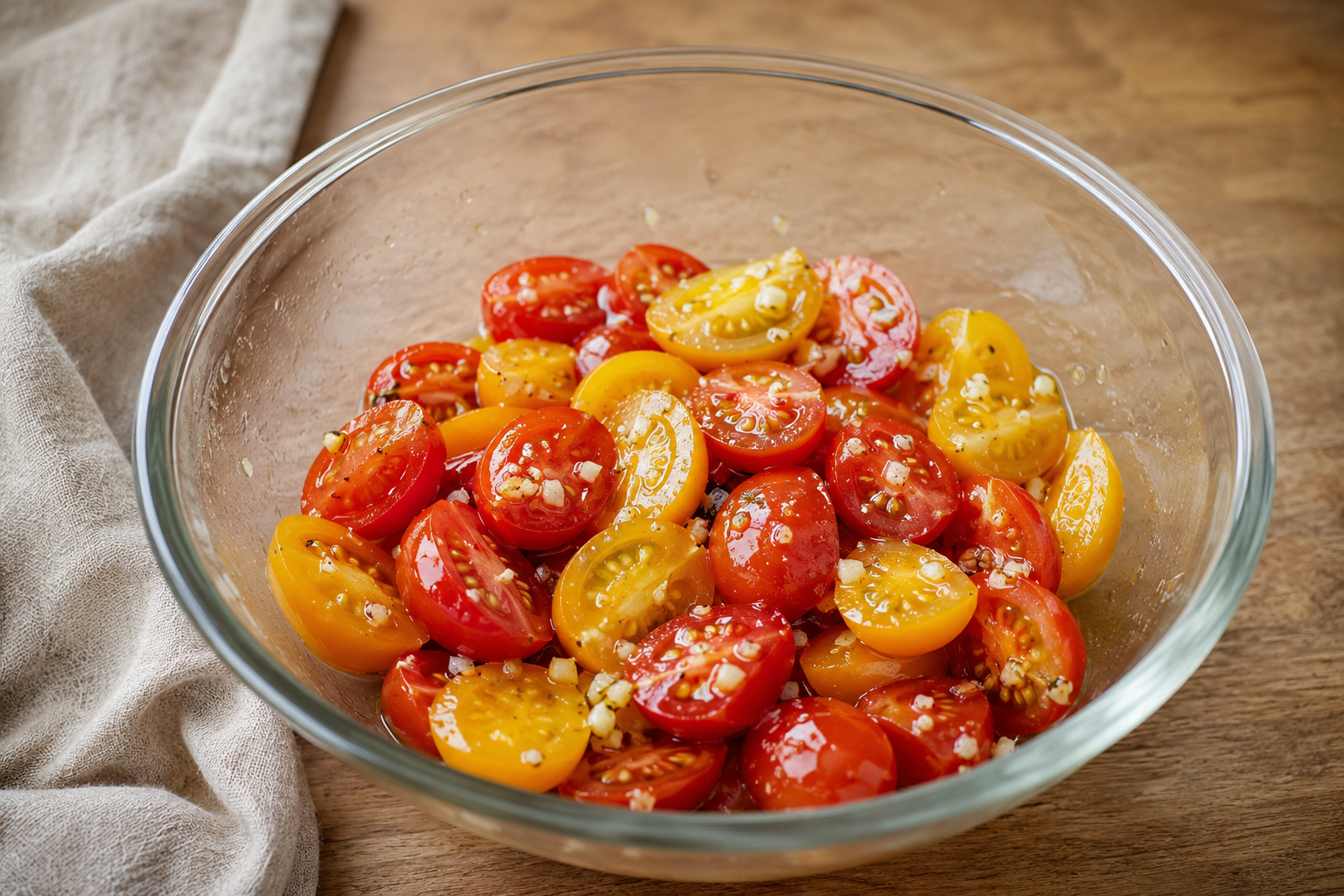 Halved cherry tomatoes combined with garlic, sesame seeds, olive oil, and salt