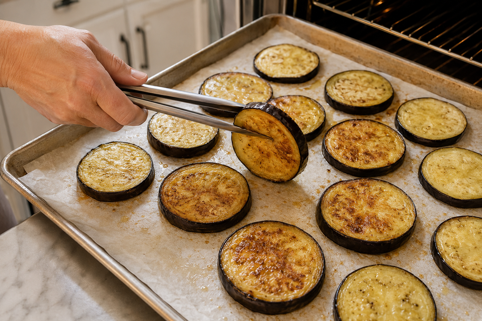Roasted eggplant rounds being flipped on a parchment-lined baking sheet