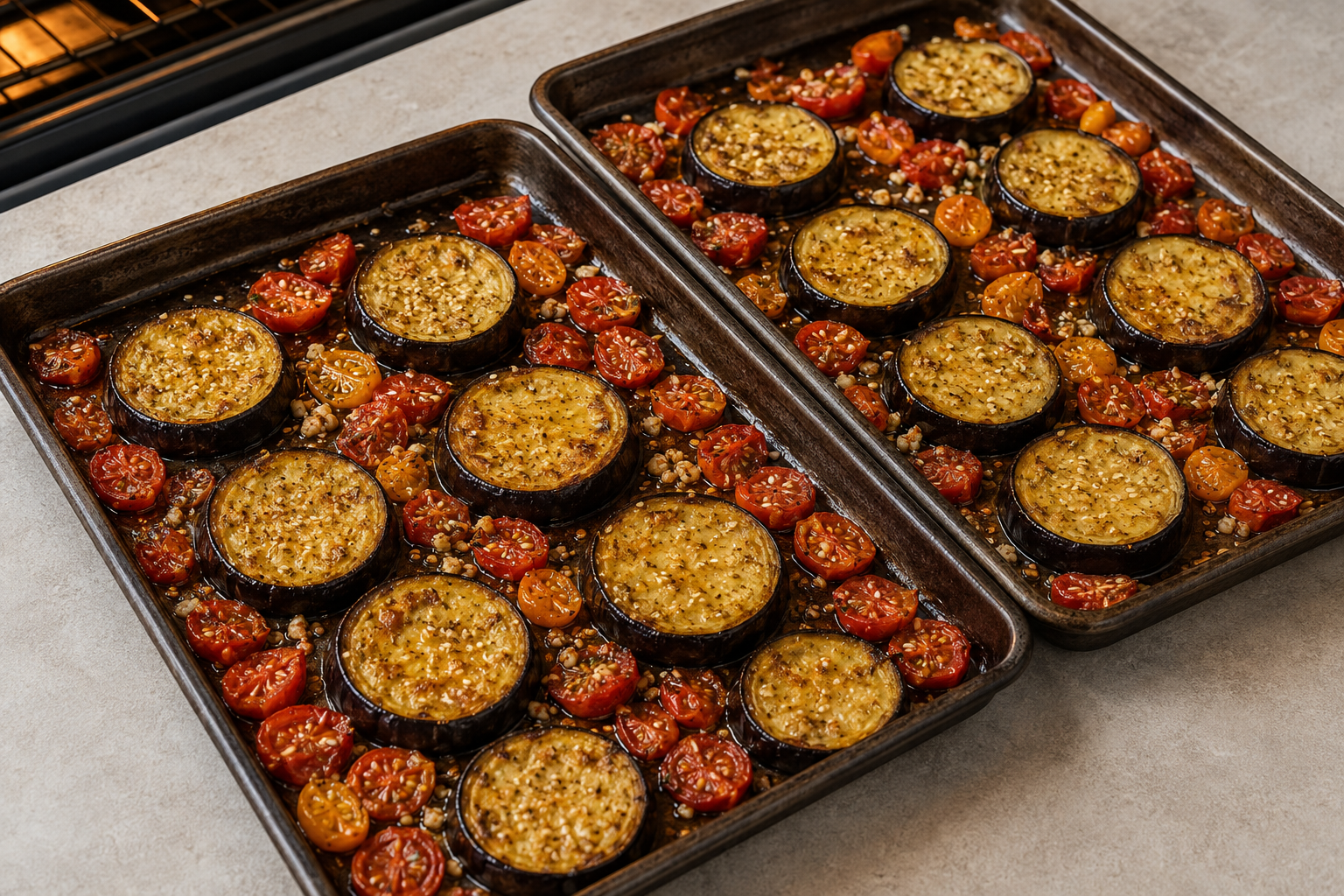 Eggplant rounds roasting alongside seasoned cherry tomatoes and garlic