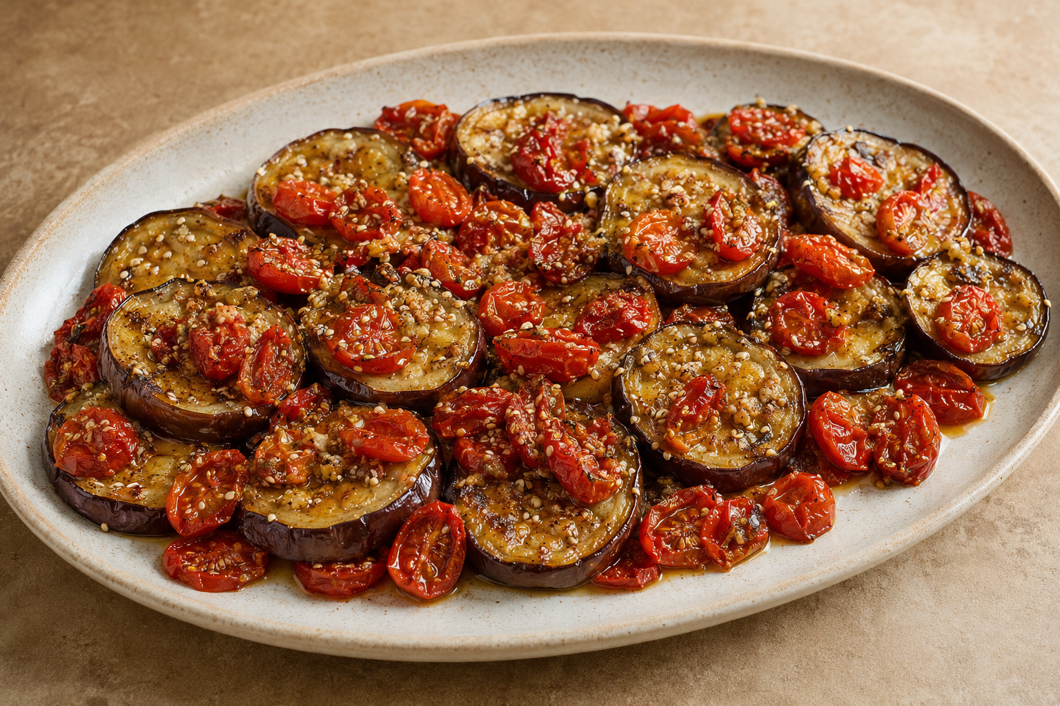 Roasted eggplant rounds and cherry tomatoes arranged on a serving platter