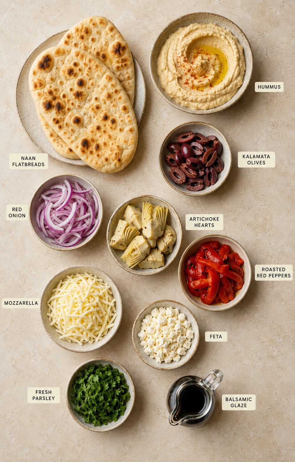 Ingredients for Mediterranean flatbread with naan, hummus, vegetables, olives and cheese