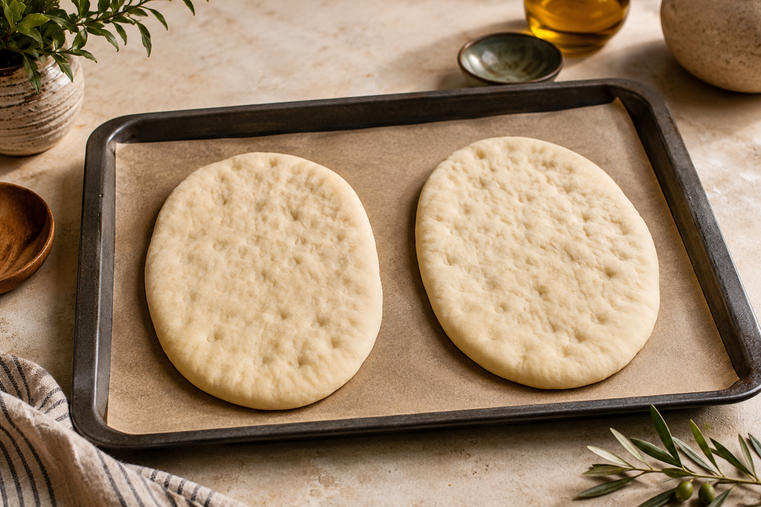 Two naan flatbreads arranged on a parchment-lined rectangular baking tray