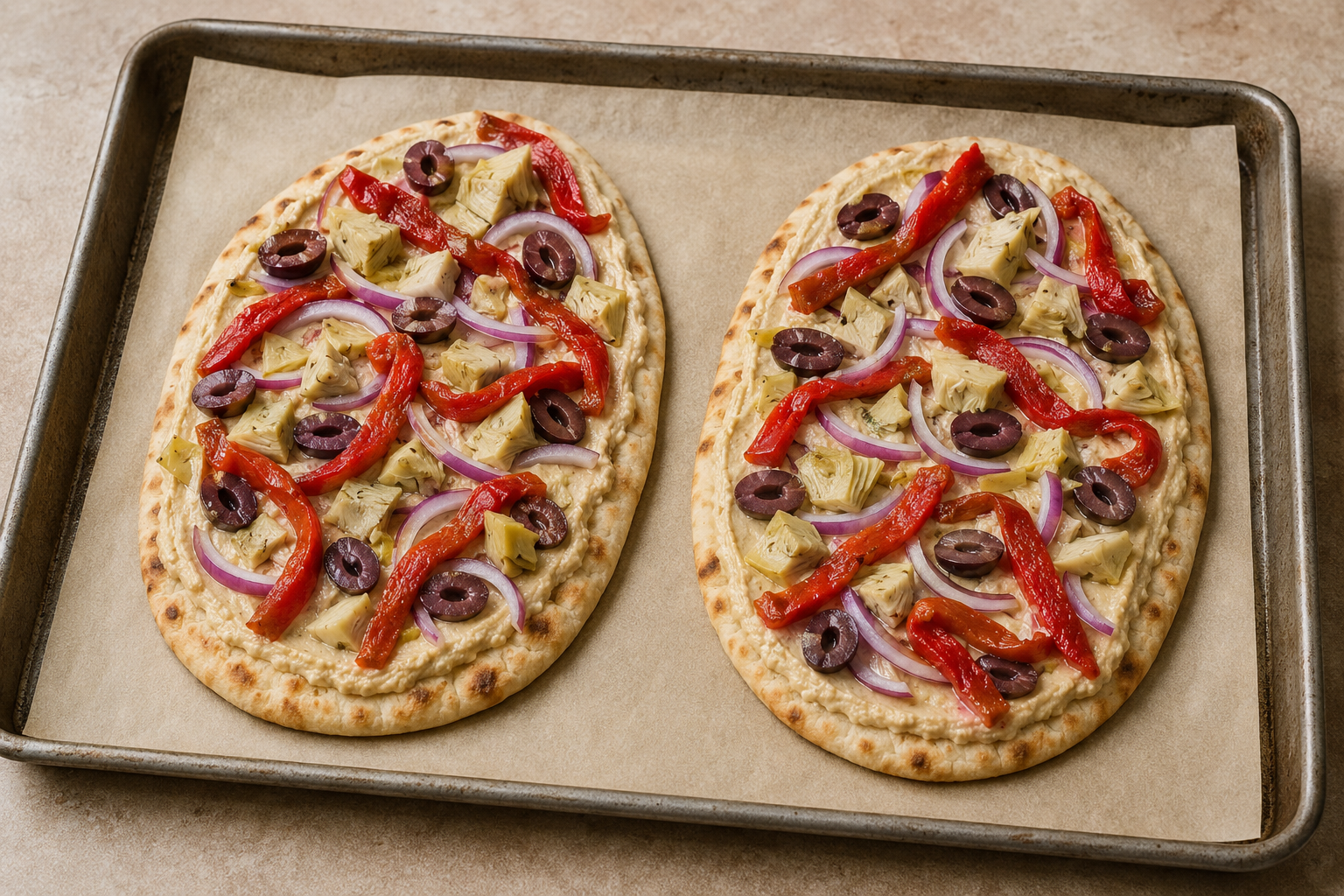 Naan flatbreads topped with Kalamata olives, red onion, artichokes and roasted peppers