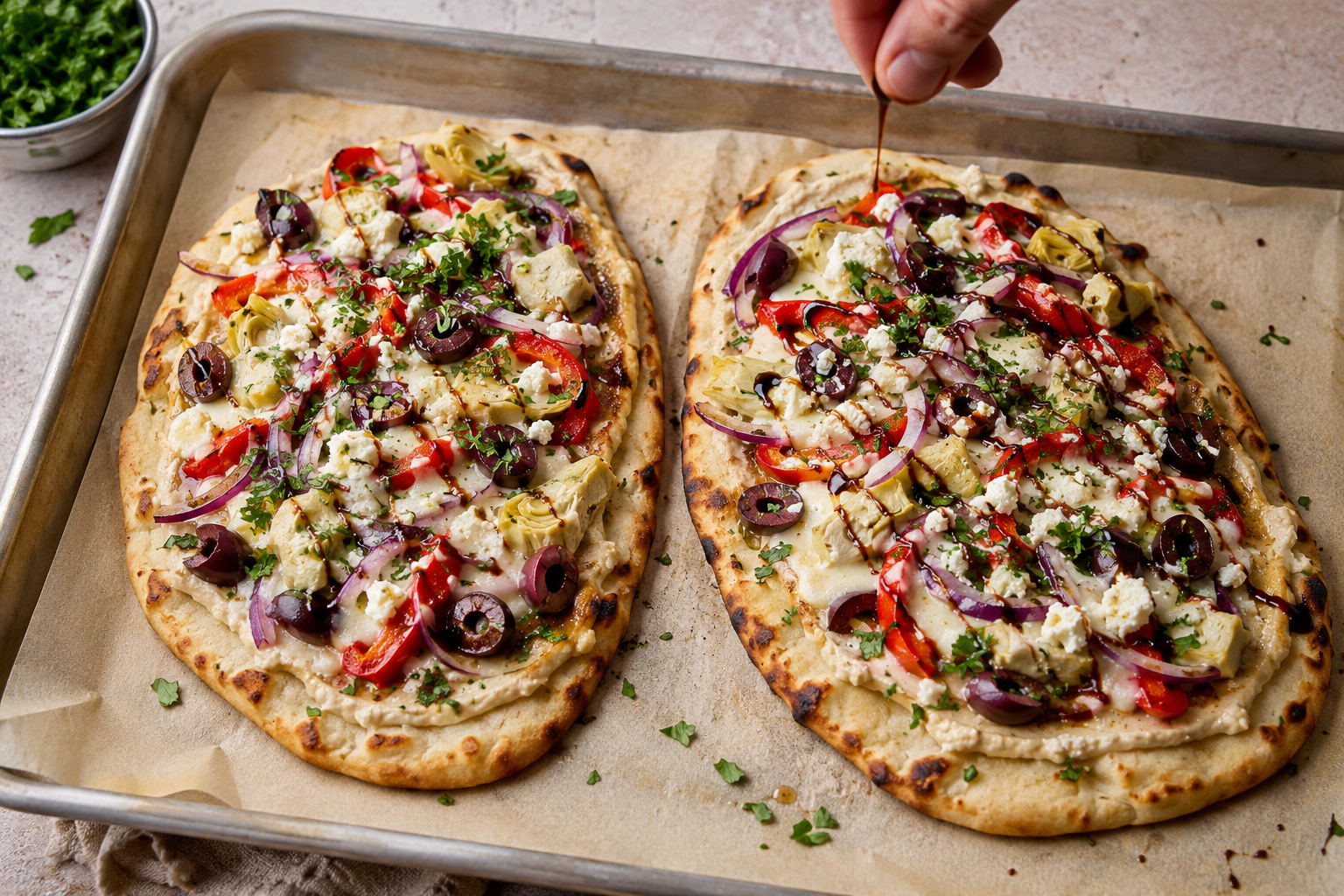 Baked Mediterranean flatbread finished with fresh parsley and balsamic glaze