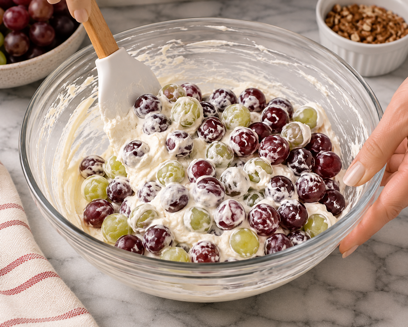 Fresh seedless grapes being gently folded into the cream cheese dressing for Southern grape salad.