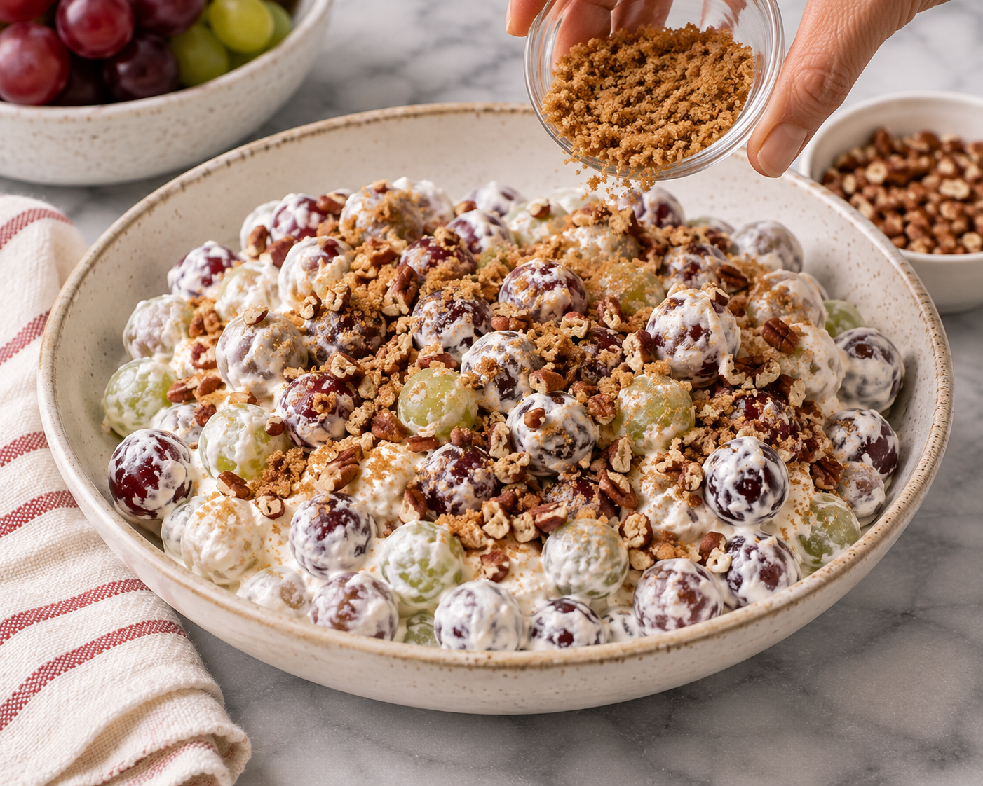 Brown sugar and chopped pecans being sprinkled over creamy Southern grape salad.