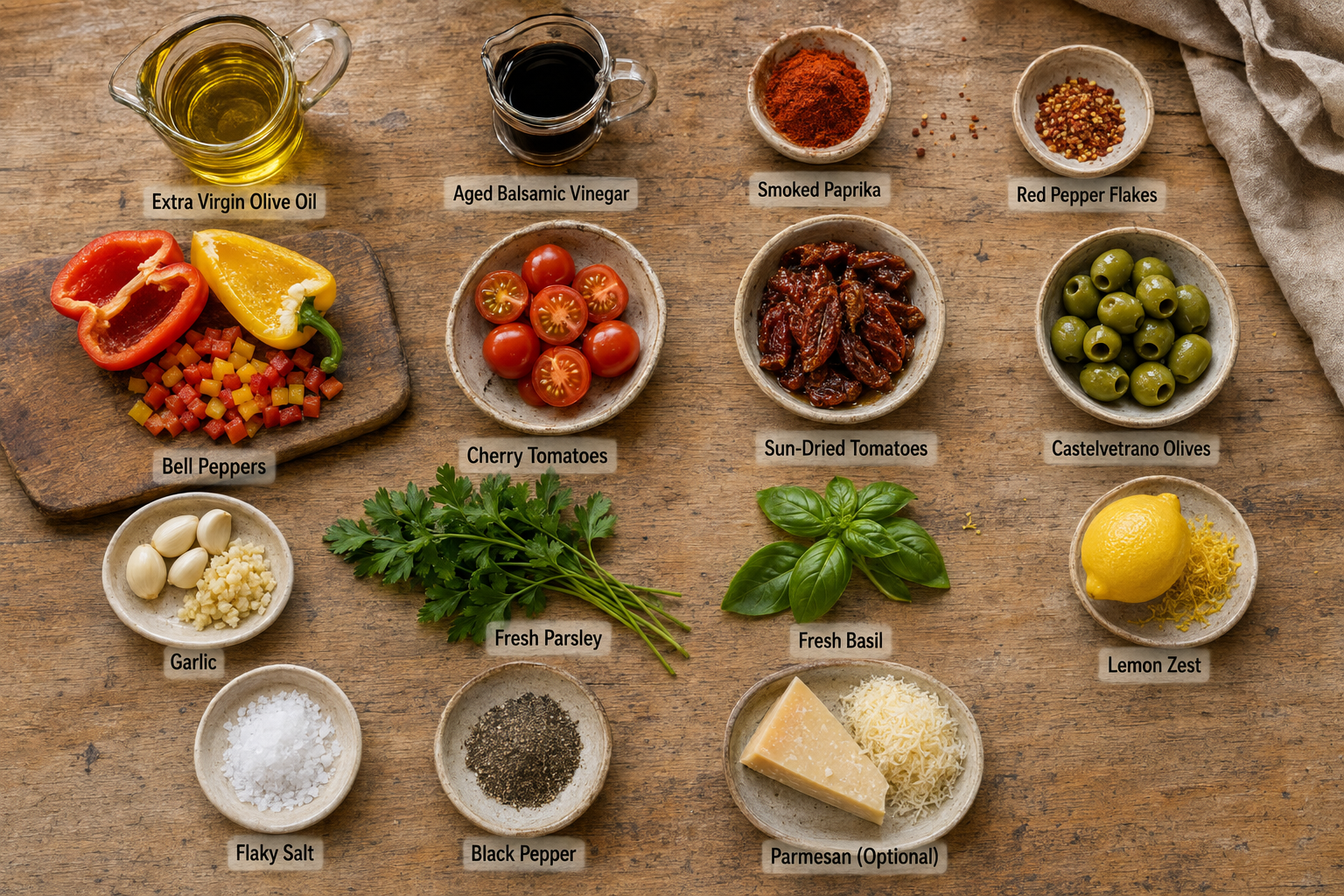 Labeled ingredients for smoky Mediterranean bread dip, including olive oil, balsamic vinegar, vegetables, herbs, spices, and optional Parmesan.