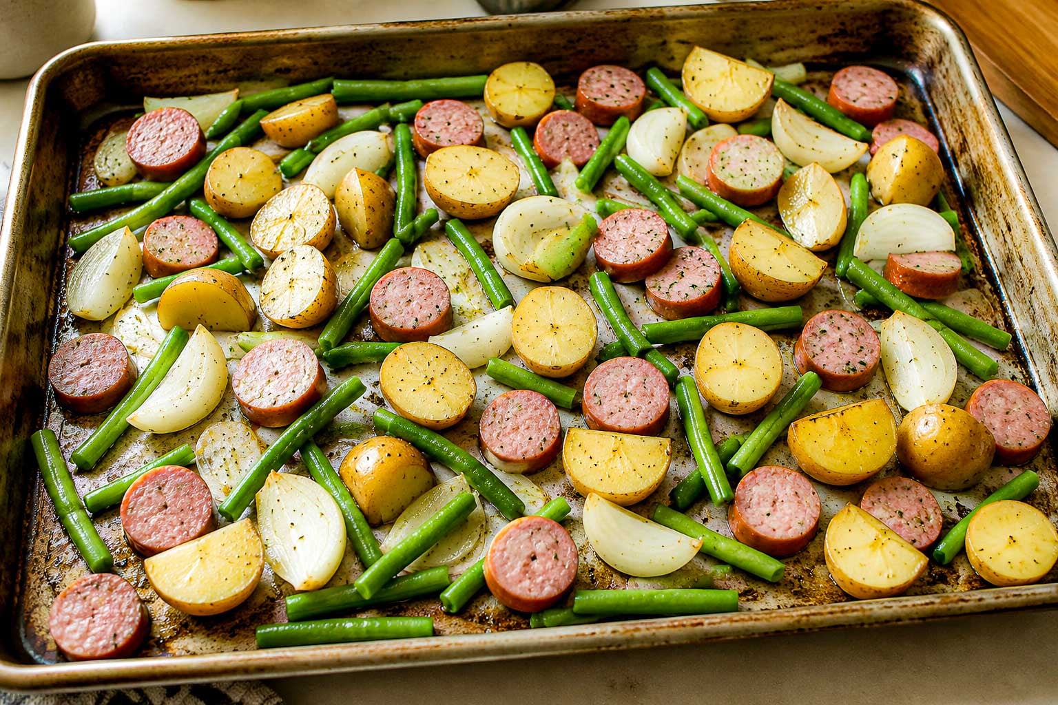 Baby potatoes, green beans, onion and sliced sausage prepared for roasting