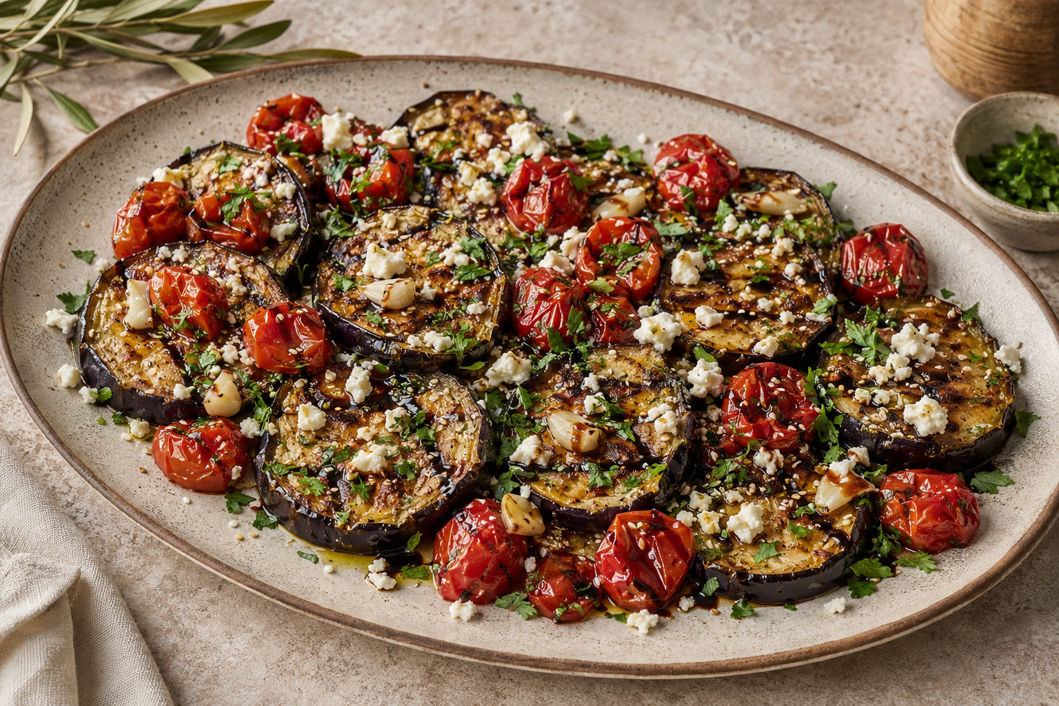 Mediterranean roasted eggplant platter garnished with feta, parsley, sesame seeds, and balsamic glaze