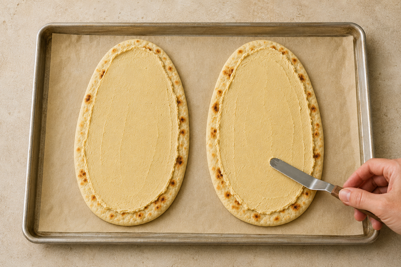 Hummus spread evenly over two naan flatbreads with a narrow border