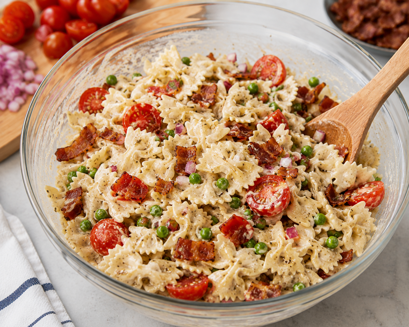 Finished creamy BLT pasta salad with crispy bacon, romaine lettuce, tomatoes, red onion, and bow-tie pasta.