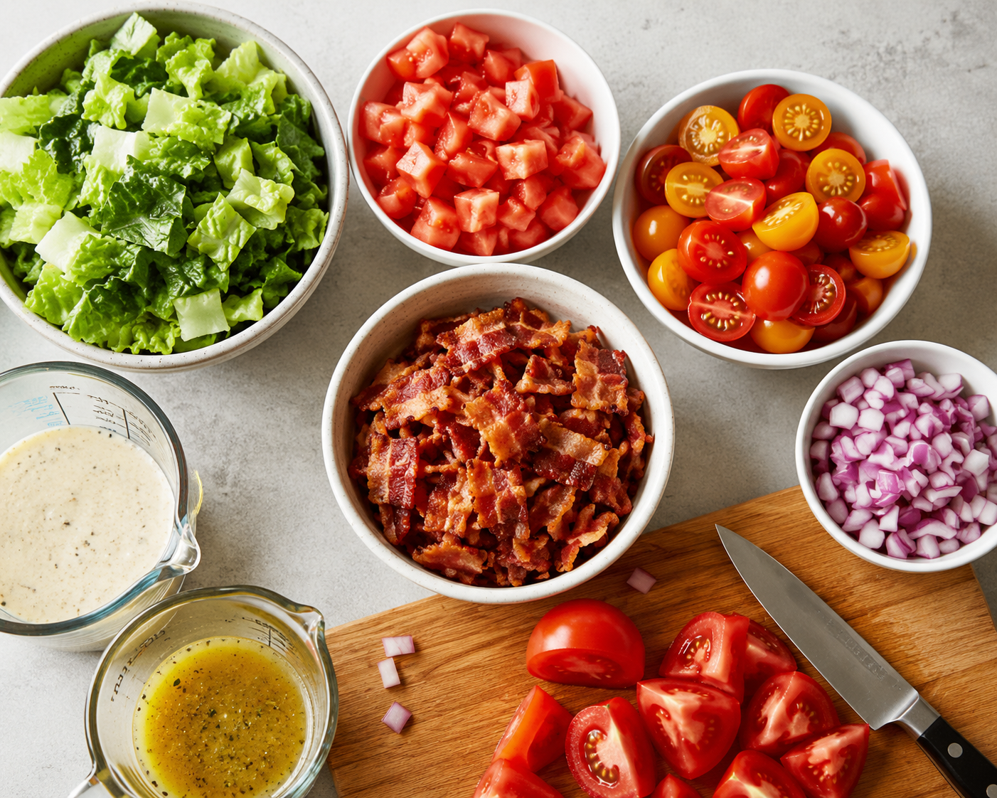 Ingredients for BLT pasta salad including bow-tie pasta, bacon, tomatoes, romaine lettuce, red onion, Italian dressing, and Ranch dressing.