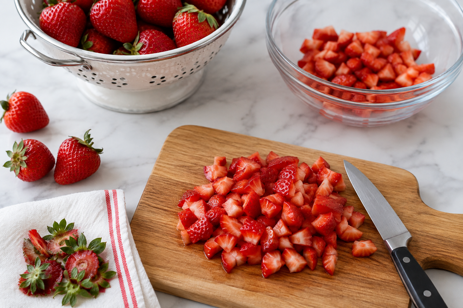 Fresh strawberries being washed, thoroughly dried, and chopped into small pieces for strawberry yogurt clusters.