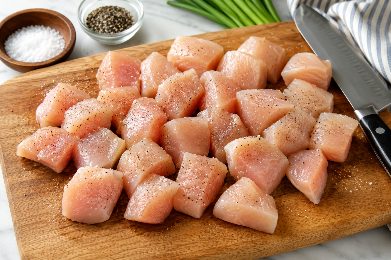 Bite-sized pieces of boneless chicken breast seasoned with salt and black pepper for Crockpot orange chicken.