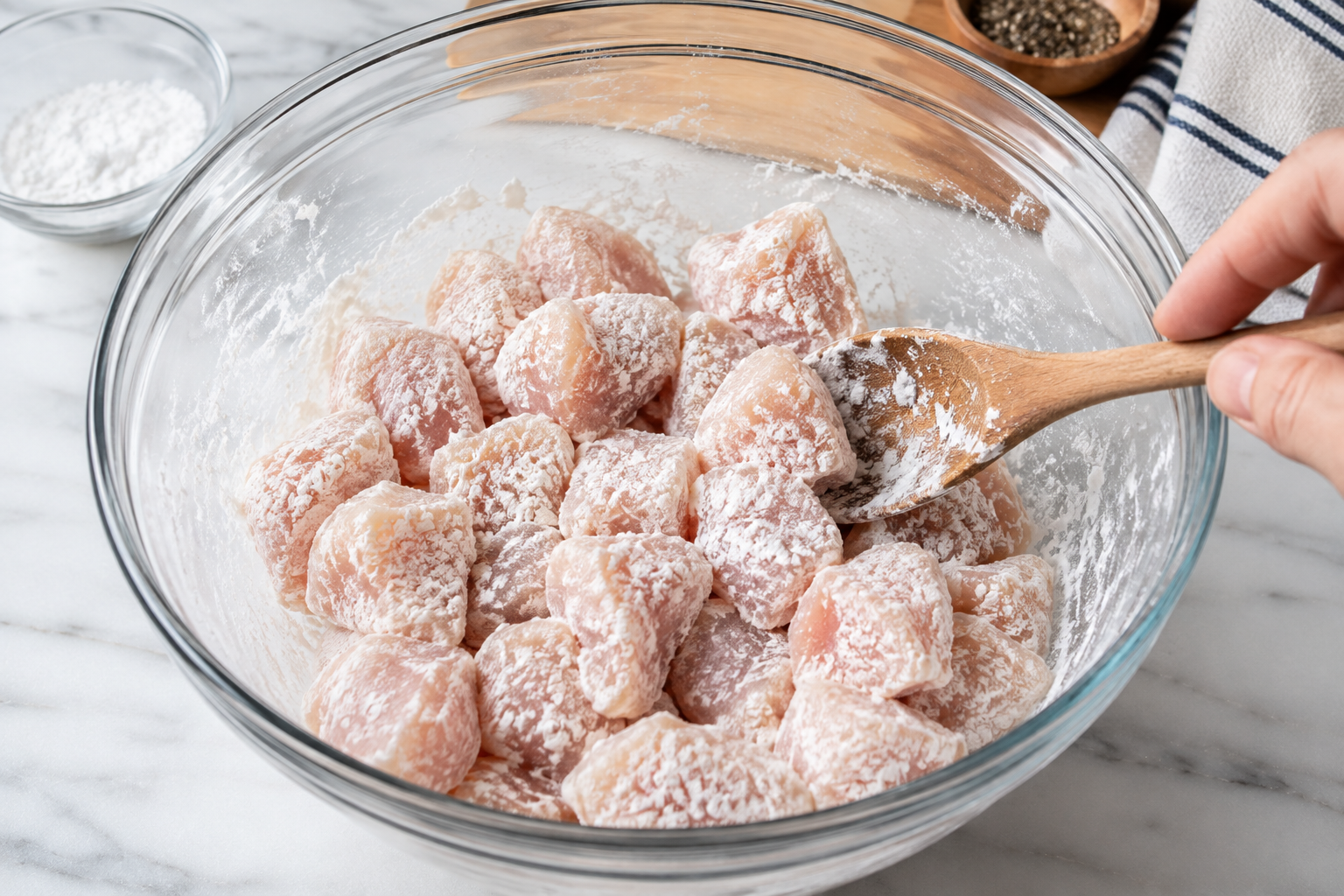 Bite-sized chicken breast pieces lightly coated with cornstarch in a bowl for Crockpot orange chicken.