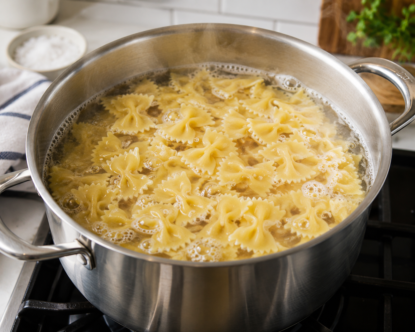 Uncooked bow-tie pasta ready to be boiled for homemade BLT pasta salad.