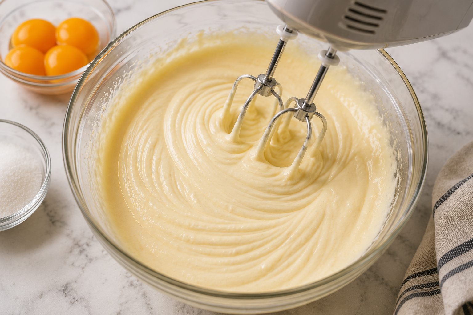 Egg yolks and sugar beaten until pale, thick and fluffy for Caramel Apple Tiramisu.