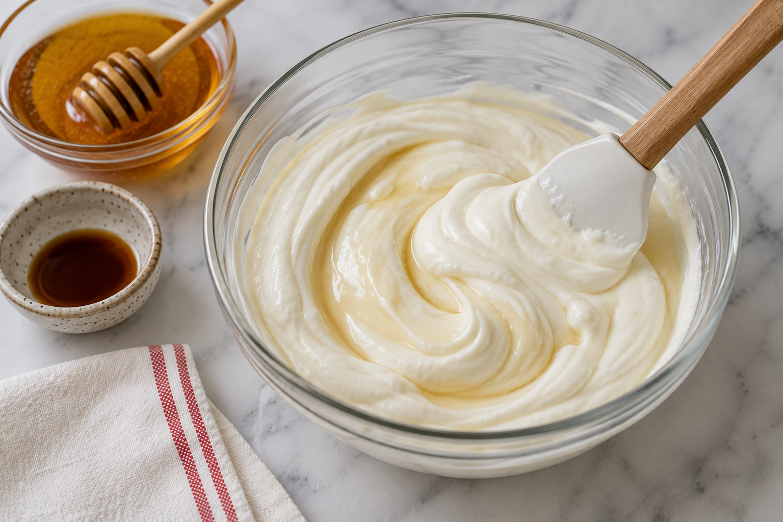 Thick Greek yogurt mixed with honey and vanilla until smooth and creamy for strawberry yogurt clusters.