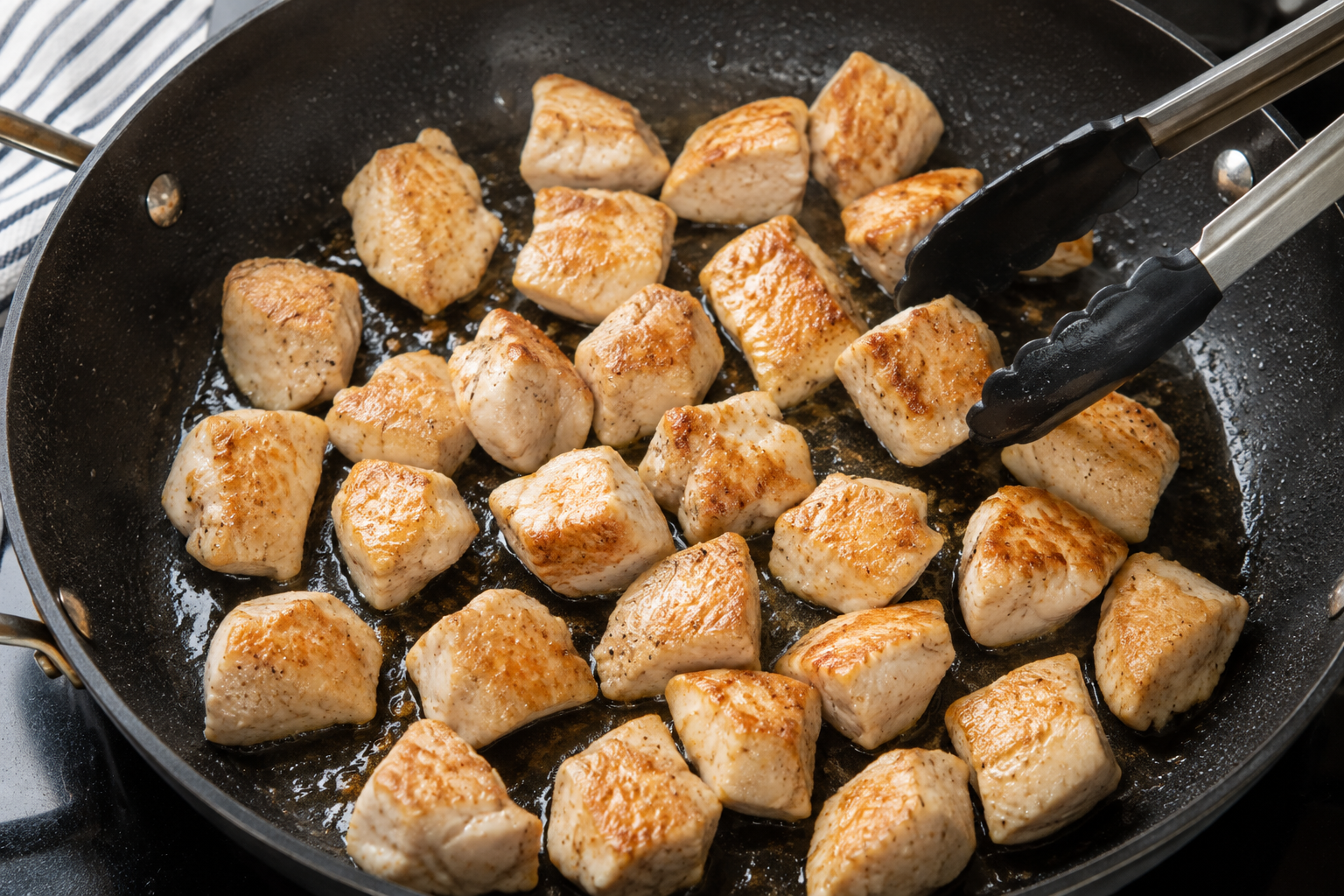 Cornstarch-coated chicken pieces browning in a skillet before slow cooking for Crockpot orange chicken.