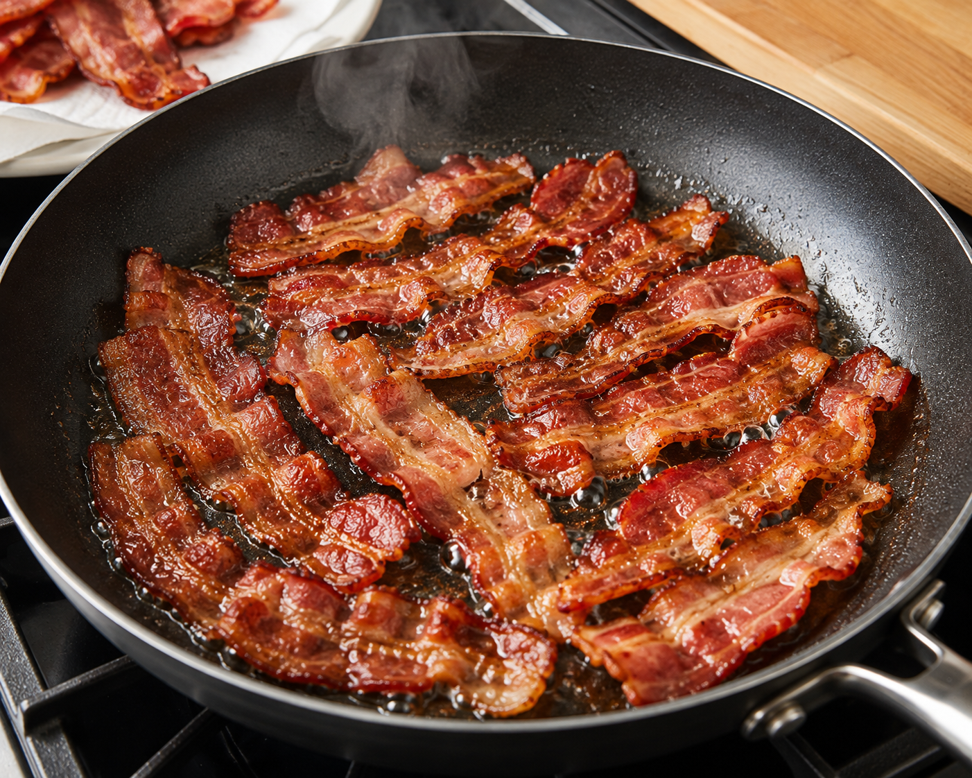 Thick-cut bacon cooked until crispy for an easy BLT pasta salad recipe.