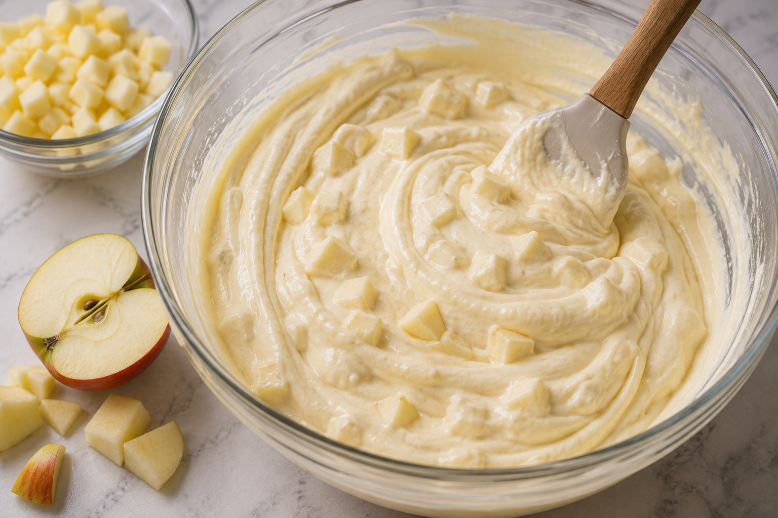 Creamy mascarpone filling with finely diced fresh apples being folded together for Caramel Apple Tiramisu.