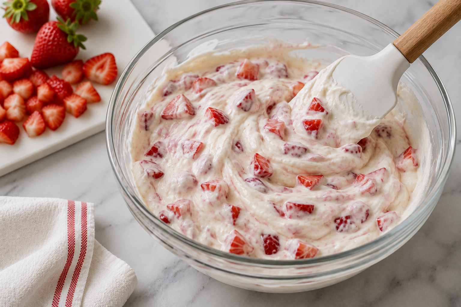 Chopped fresh strawberries gently folded into thick Greek yogurt for chocolate strawberry yogurt clusters.
