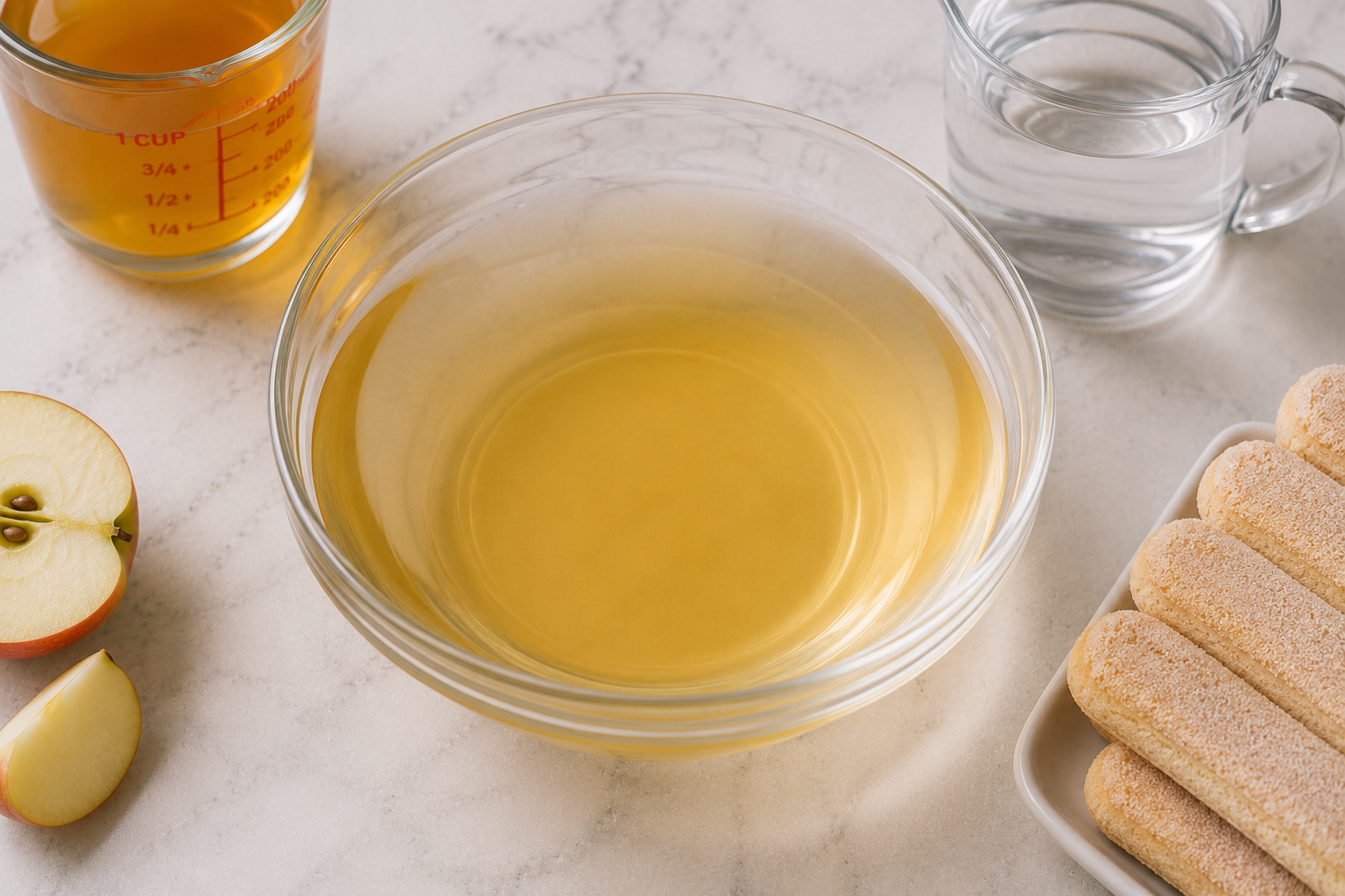 Apple juice and water combined in a shallow bowl for dipping ladyfingers for Caramel Apple Tiramisu.
