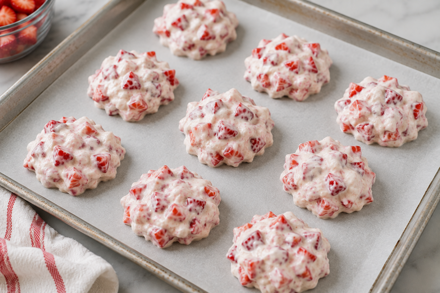 Strawberry Greek yogurt mixture spooned into individual clusters on a parchment-lined baking sheet.