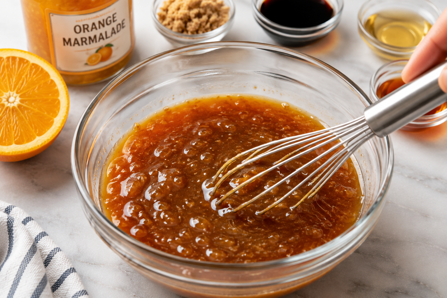 Orange marmalade, brown sugar, soy sauce, rice wine vinegar and sesame oil whisked together for Crockpot orange chicken sauce.