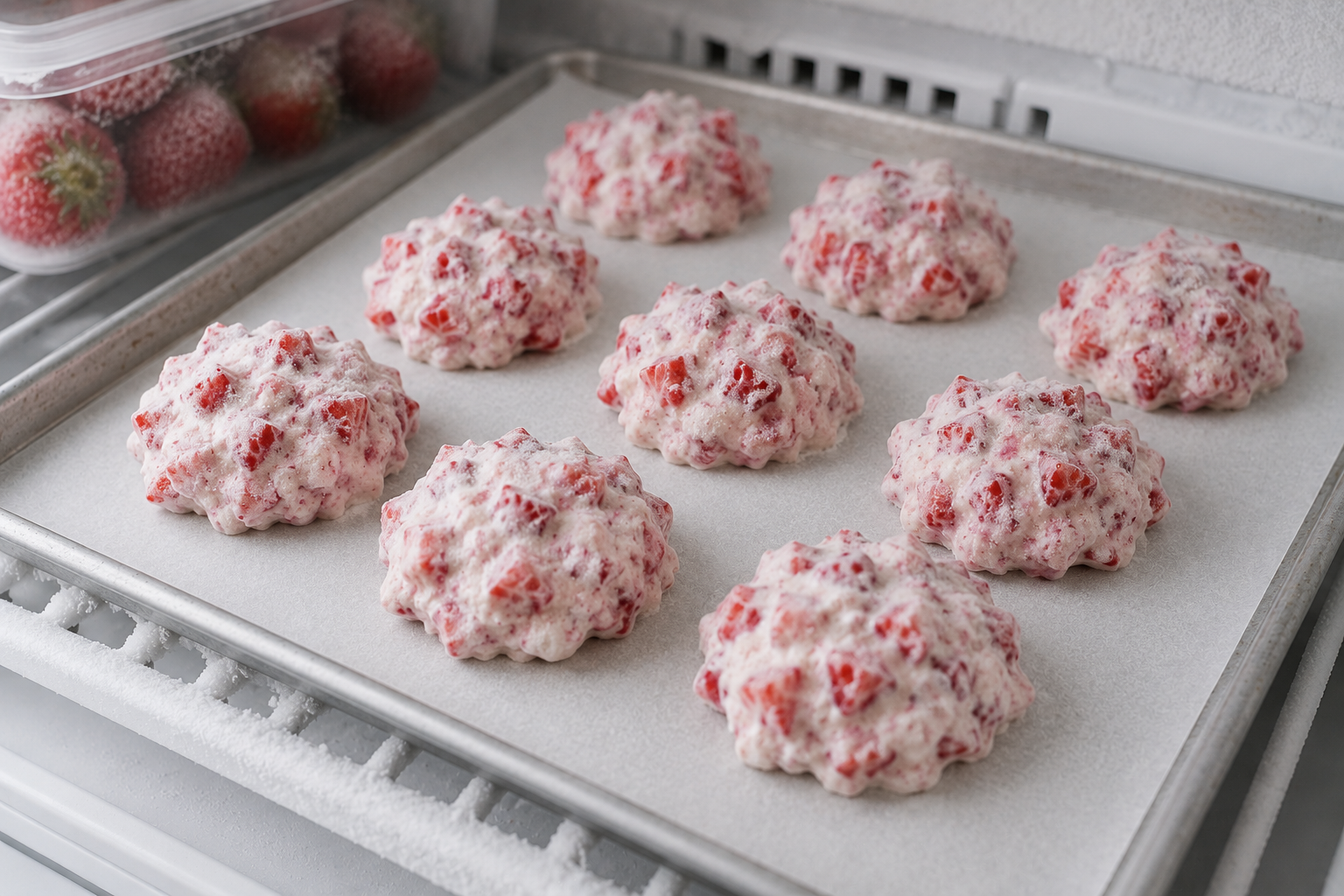 Strawberry yogurt clusters arranged on parchment paper and frozen until completely firm before coating.