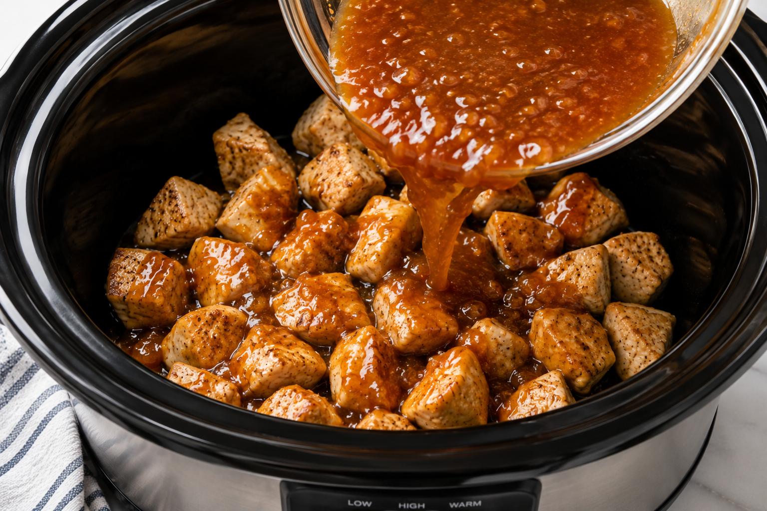 Orange marmalade sauce being poured over browned chicken pieces in a Crockpot before slow cooking.